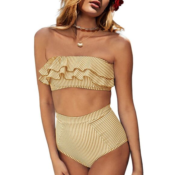 Saodimallsu High Waisted 2 Piece Bikini Bandeau Ruffle Swimsuit Top Striped Larg - Picture 1 of 1